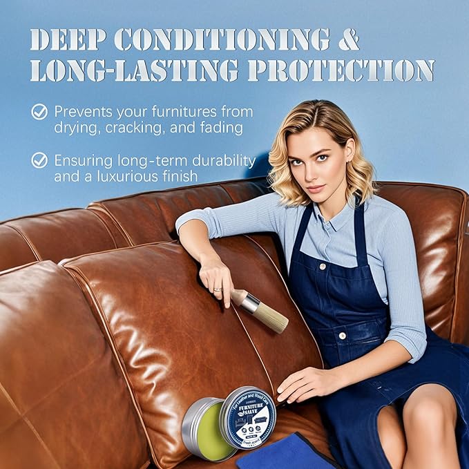 LANBEIDE Furniture Salve with Brush for Leather Wood, Polisher and Conditioner for Leather Couch and Furniture-Repair Salve 8OZ with Brush and Towel