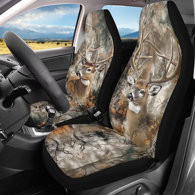 Camouflage Hunting Deer Car Seat Covers for Front Seat Breathable Car Seat Cover Protection Interior Accessories Easy to Install and Clean Universal for Cars SUV