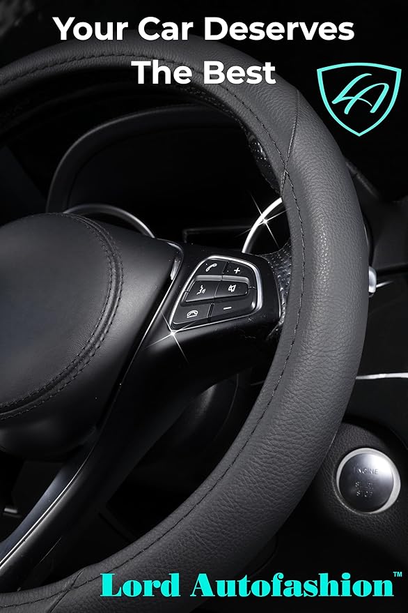 Lord Autofashion Steering Wheel Cover – PU Leather, Non-Slip Rubber Inner, All-Season Comfort – 14.5–15 Inch (Black 7414)