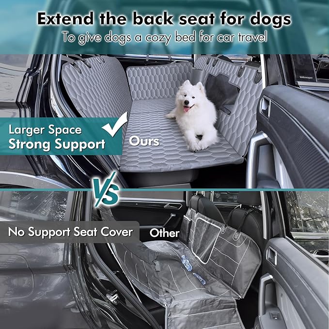 Chumajor Back Seat Extender for Dogs-Supports 400lb,Waterproof Dog Car Seat Cover Hard Bottom-Detachable,600D Heavy Duty Scratch Proof Nonslip Soft,Dog Hammock for Car,SUVs-Grey