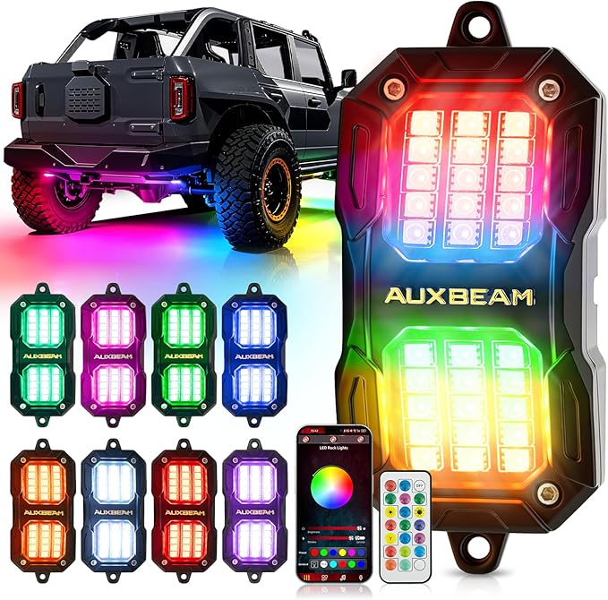 Auxbeam 8-Pod RGB LED Rock Lights w/Brake Mode 217°Dual-Side Lighting Underglow Kit w/Bluetooth APP & Remote Control Music Voice Sync Waterproof Wheel Well Lights for Trucks Offroad RV 1 Year Warranty