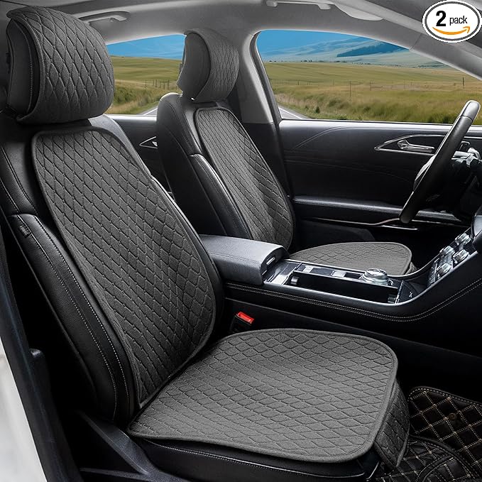 2 Pack Linen Front Car Seat Covers for Cars, Breathable Linen Car Seat Protector Fit Four Seasons, Non-Slip Car Seat Pad for Most Vehicles (2Pack Dark Grey)