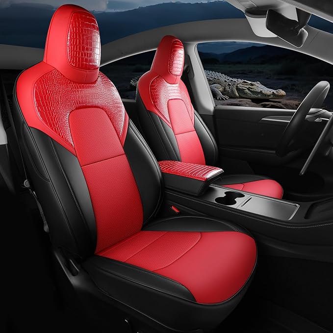 Red Rain for 2020-2024 Tesla Model Y Seat Cover Crocodile Leather Red and Black Auto Seat Cover Interior Accessories (ModelY-Red+Black-2020/2024)