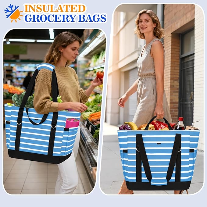 HUANLANG Soft Cooler Bag Insulated for Travel,Large Insulated Grocery Bags with Zippered Top,PEVA Collapsible Food Delivery Cooler Bag for Beach, Travel, Picnics