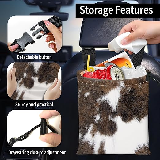 Car Trash Bag Large Hanging Can for Back of Seat, Cute Waterproof Car Garbage Bag for Vehicle, Travelling, Outdoor Cute Cowhide Print