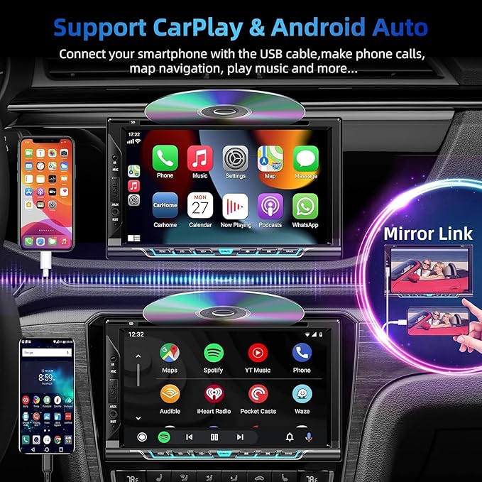 Double Din Car Stereo with Carplay&Android Auto,7 Inch HD Touchscreen Car Radio Support CD DVD Player,Bluetooth,Backup Camera,Mirror Link,SWC,Subwoofer,USB/TF/AUX Input, AM/FM Car Stereo Receiver