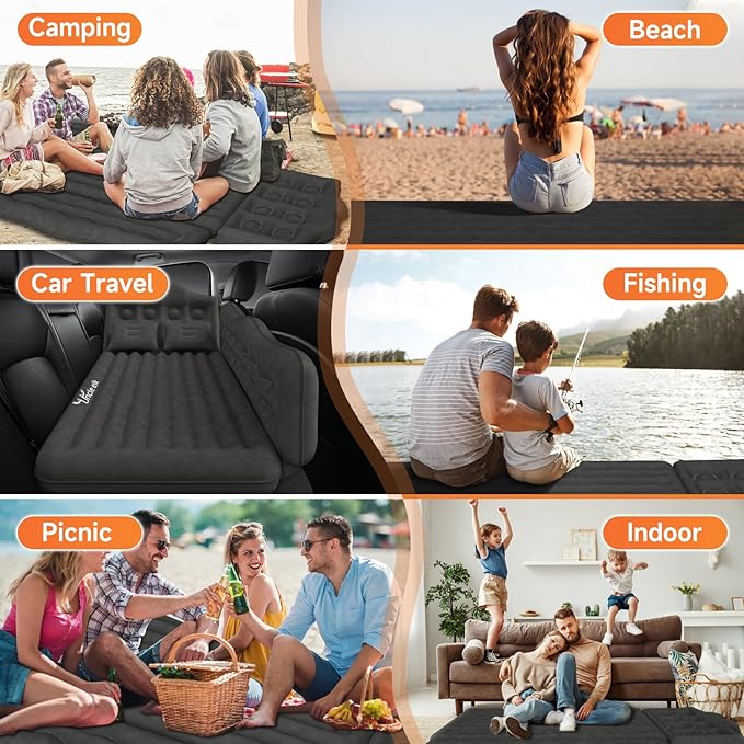 Car Air Mattress Bed: Inflatable Back Seat Air Mattress for Car, Thick Camping Sleeping Pads with 2 Pillows & Air Pumps, Fits Sedan/Truck/SUV, Black
