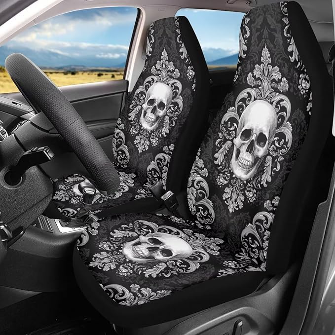Skull Flower Car Seat Covers Front Seats Only Breathable Stretch Polyester Fabric Cover Easy to Install Car Accessories Universal Fit for Most Vehicle