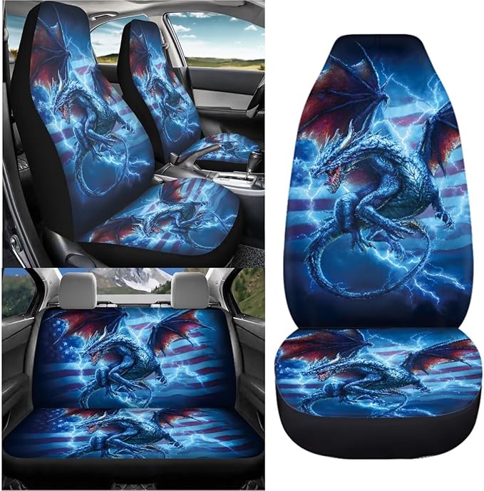 KEIAHUAN 4pcs Car Seat Covers Full Set Blue Dragon American Flag Auto Seat Cover Universal Front and Rear Seat Covers Light Breathable Automotive Interior Accessories for SUV,Sedan,Truck