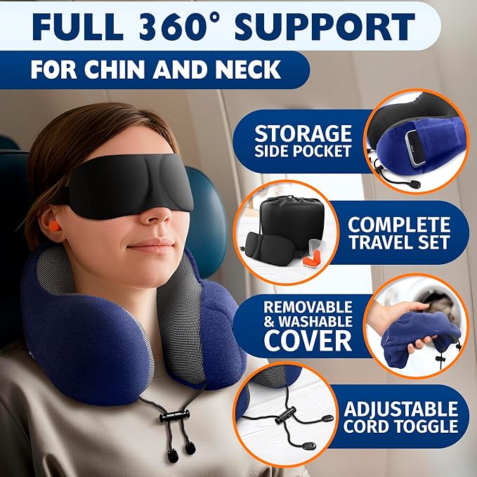 Neck Pillow for Plane Travel – 4-in-1 Kit | Adjustable Blue Memory Foam Neck Support Pillow, Eye Mask, Earplugs, & Cover | Cozy, Washable Cotton Cover with Secure Buttons – Comfort Traveling