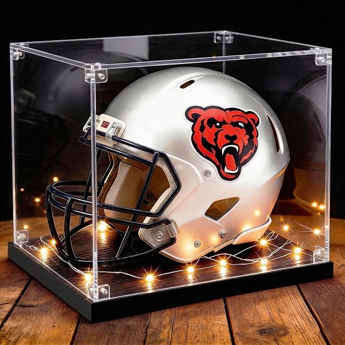 Football Helmet Display Case with Light Strip, Full Size Helmet Display Case with Wood Grain Base, UV Protection Helmet Showcase for Football, Hockey, Baseball, Motorcycle Helmets, Memorabilia Sports