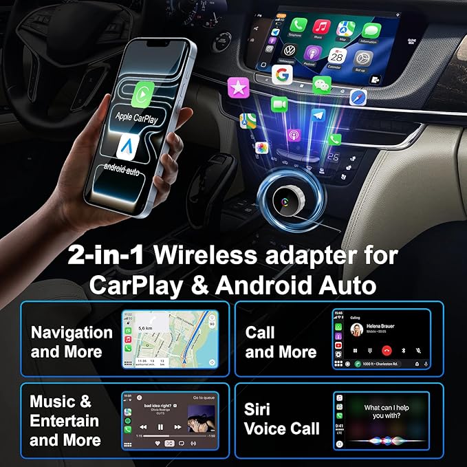 2026 upgraded wireless CarPlay adapter fast automatic connection stable connection mini plug-and-play adapter is suitable for iPhone and Android Auto compatible car with USB/USB-C (Silvery)