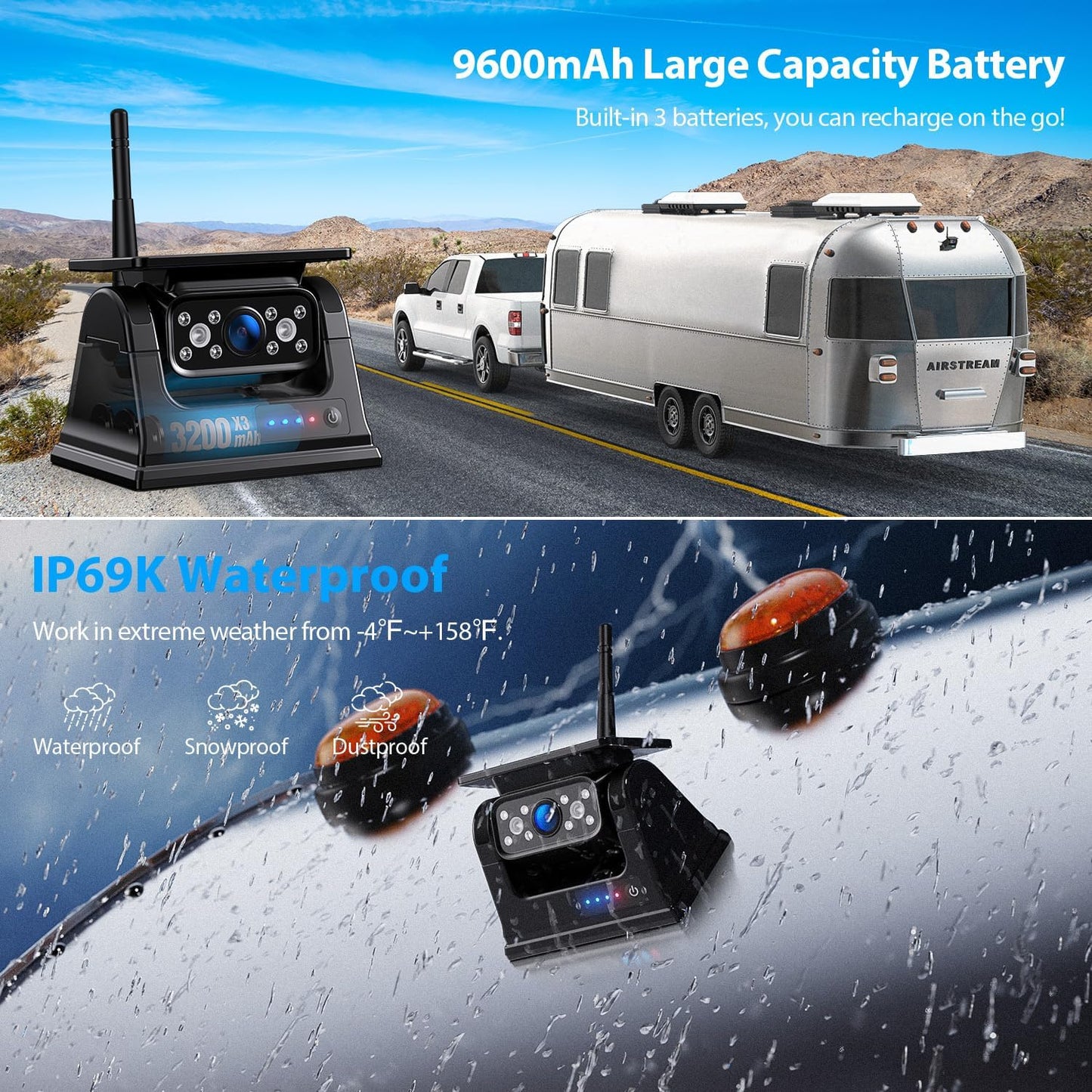 4 Magnetic Solar Wireless Backup Camera HD1080P DVR 10.1" Touchscreen Monitor, Quad RV Rearview Backup Cameras Wireless System for RV Trailer Tractor, Built-in 9600mAh Solar Battery, BL104