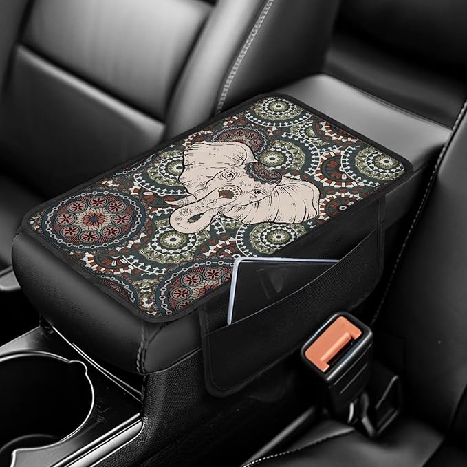 Boho Mandala and Elephant Print Center Console Covers for Cars Lightweight Armrest Cover for Car Washable Car Armrest Cushion Universal for Most Vehicle SUV Truck