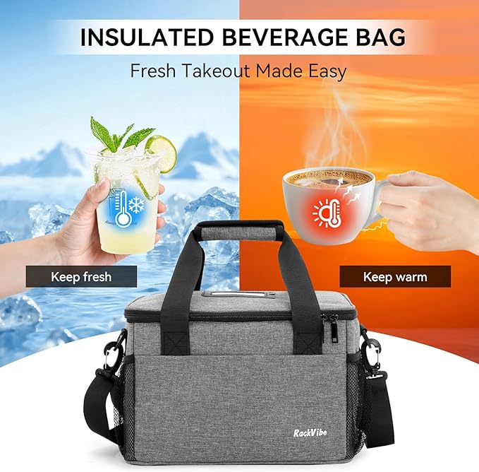 6 Cups Drink Carrier for Delivery, Reusable Cup Holder with Handle, Insulated Collapsible Drink Carrier, Adjustable Dividers, Shoulder Strap, Portable Cooler Tote Bag for Delivery, Travel, Car (Grey)