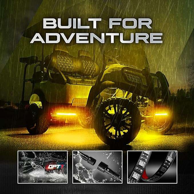 OPT7 12V Aura Golf Cart Underglow LED Light Strips with App & Remote Control, 4PC RGB Multi-Color Music Sync Decor Accessories, Waterproof Exterior Neon Accent Lighting Kit for EZGO Yamaha Club Car