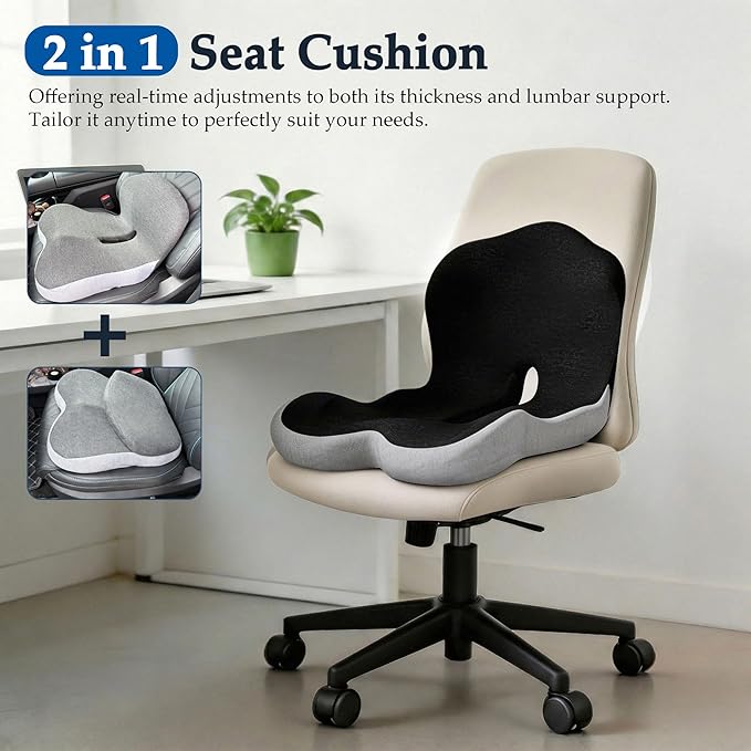Onever Ergonomic Memory Foam Seat Cushion, Lumbar Support Non Slip for Truck Driver Long Driving Office Chair Back Tailbone Pain Relief Dual Color Black&Grey