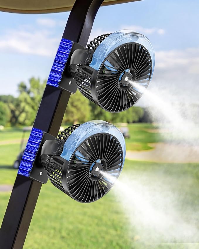 BOYISEN 2-Pack Magnetic Golf Cart Fan with Misting, 12000mAh Battery Operated Portable Fan 4 Speeds, LED Lantern, Universal Fit for EZGO Club Car Yamaha, Cruise Ship Accessories Travel Essentials