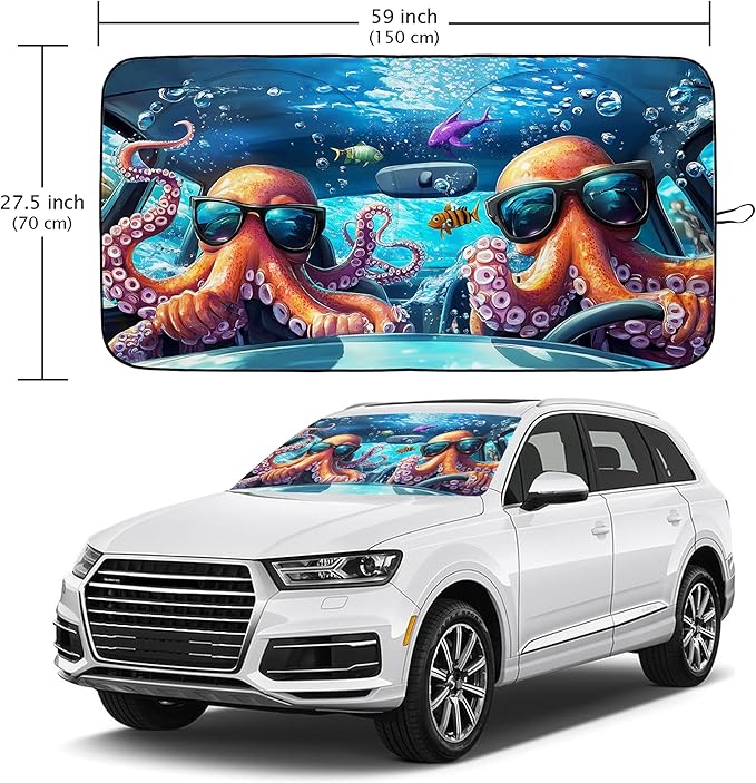 Funny Octopus Car Windshield Sun Shade Foldable Sunshade Front Window Cover Sun Visor Protector Accessories (59x27.5 inches)