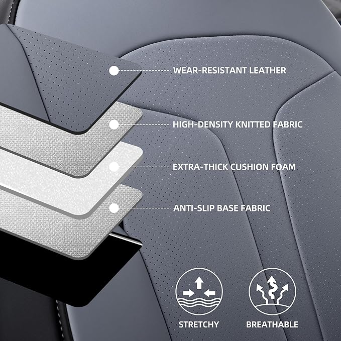 Custom Fit Seat Covers for 2025 2026 Tesla Model Y Juniper (5-Seater), Waterproof Breathable Nappa Leather, OEM Factory Style Full Set Car Seat Protectors Airbag Compatible - Black+Grey