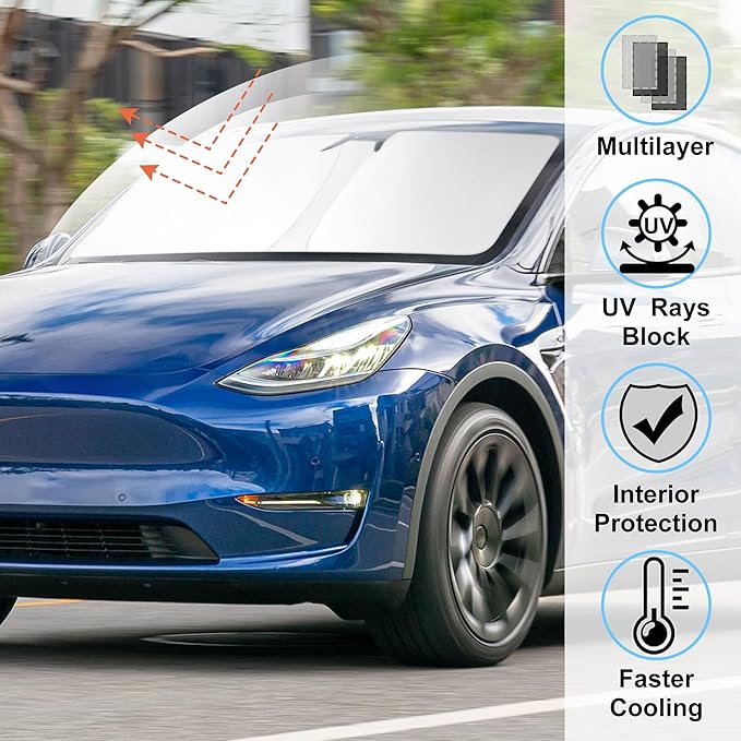 Windshield Sun Shade Custom Fit for 2017-2025 2026 Tesla Model Y Model 3 (Fit 2025 2026 Model Y Juniper/2024 Model 3 Highland) Accessories Foldable Front Window Sunshade Shield Blocker Keeps Car Cool