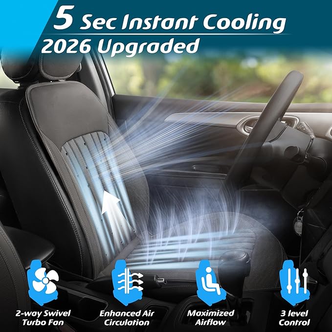 Paffenery 2026 Upgraded Cooling Car Seat Cover Front Seat, 12V-24V Ventilated Cooling Car Seat Cushion, Cooled Seat Cover for Car SUV Truck Universal Fit, Stone Grey