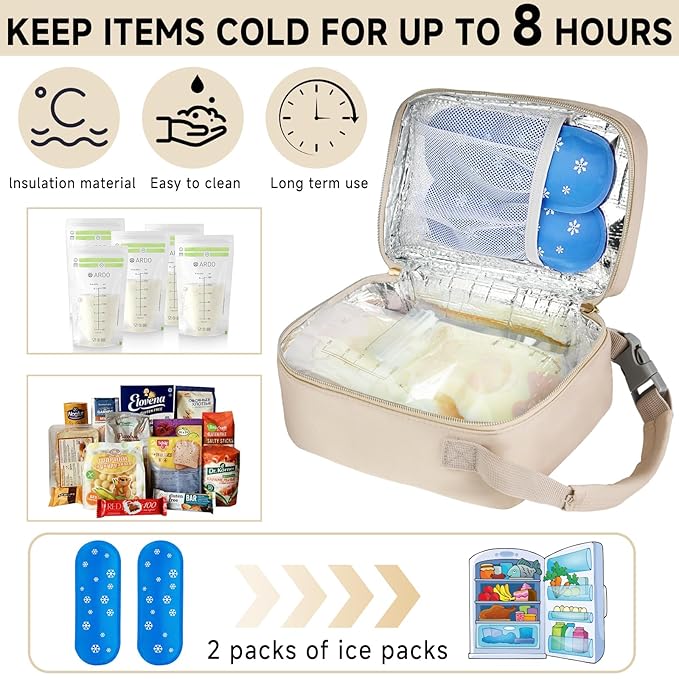 Breastmilk Cooler Travel Bag with Ice Pack,Portable Breastmilk Cooler Bag with Buckle Handle,Insulated Breastmilk Storage Bag Cooler,Apricot