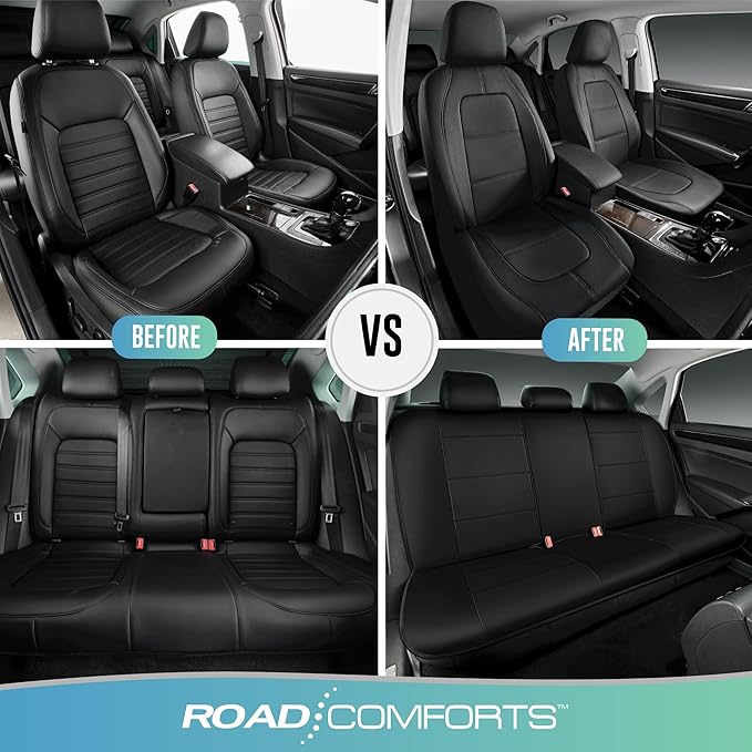 Road Comforts Car Seat Cover, Leather Car Seat Cover Full Set, Automotive Seat Covers, Airbag Compatible Universal Fit for Most Cars (Black)