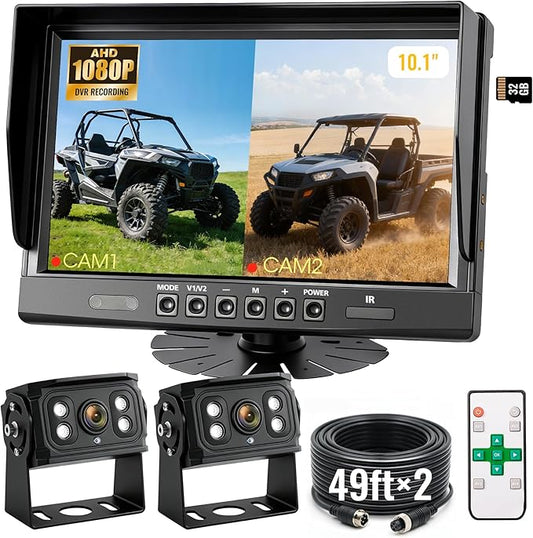 10.1" 2-Wired Backup Camera System, DVR Dual Screen Rear View Camera, IP69 Waterproof IR Night Vision, 20G Vibration-Proof for Trailer/Tractor/Truck/Combine/Skid Steer/Heavy Equipment/UTV, Y3