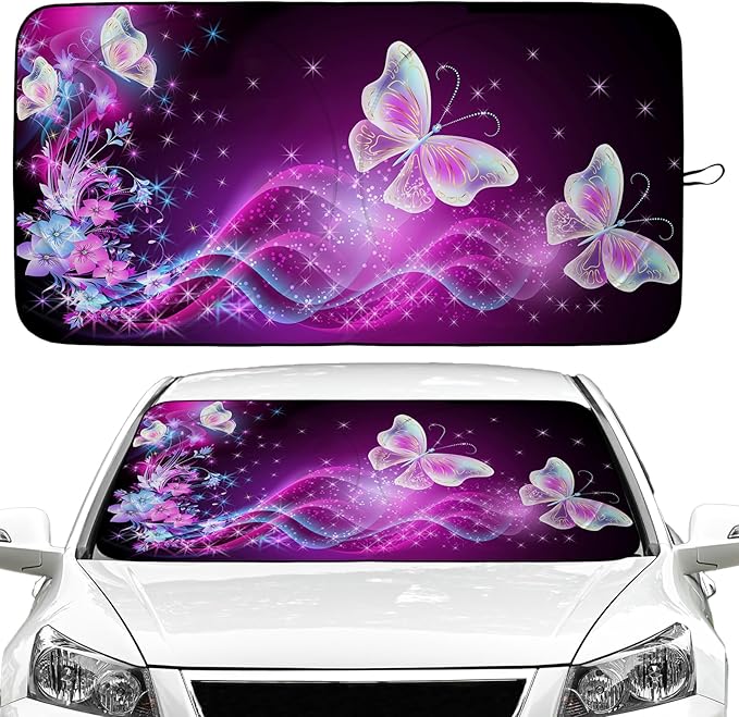 Purple Butterfly Car Windshield Sun Shade Foldable Sunshade Front Window Cover Sun Visor Protector Accessories (59x27.5 inches)