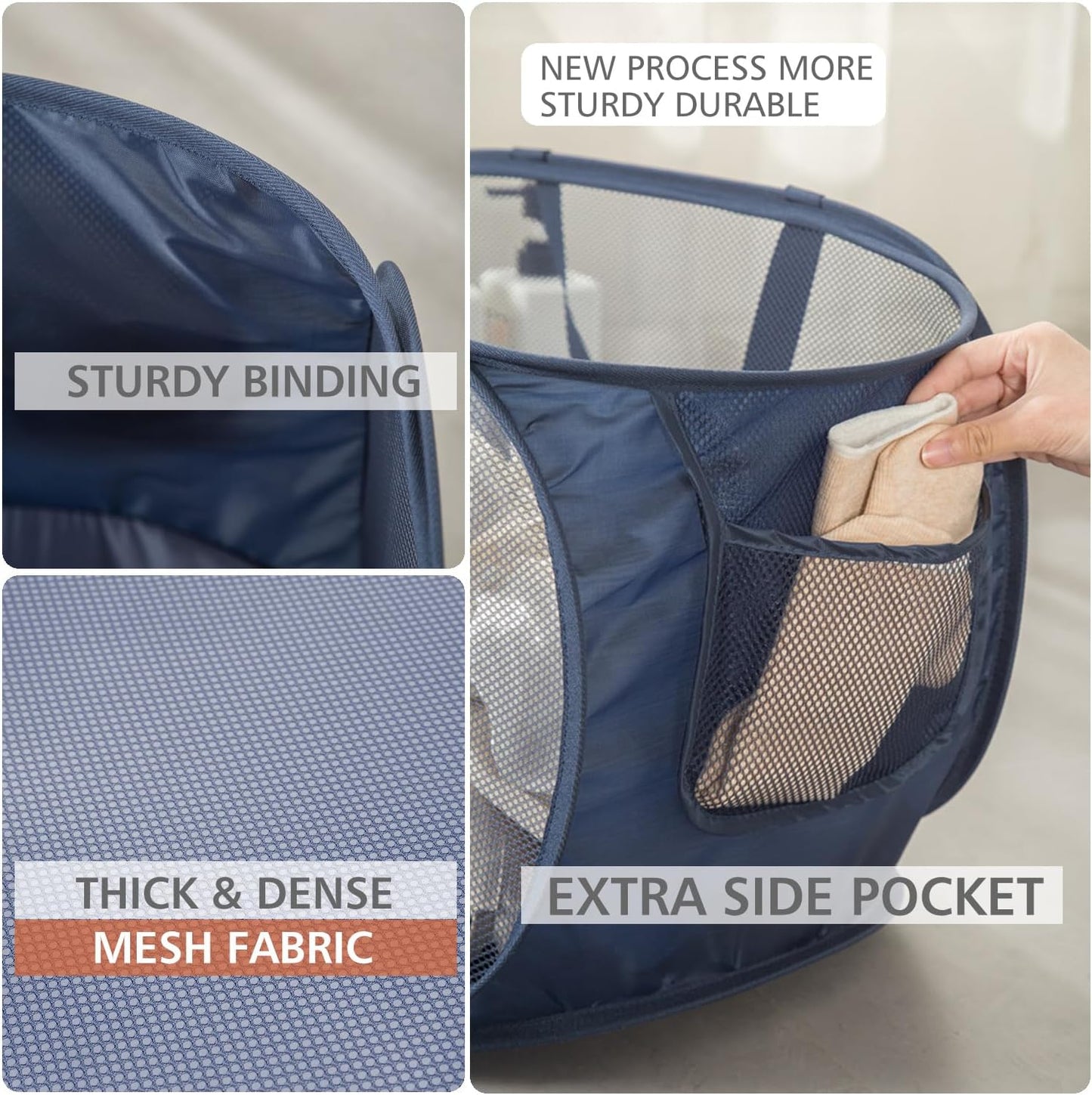 Sturdy Mesh Laundry Hamper Basket Bag,Pop up Basket with Side Pocket for Laundry Room, Bathroom, Kids Room, College Dorm or Travel (Pop Horizontal, Grey + Grey)
