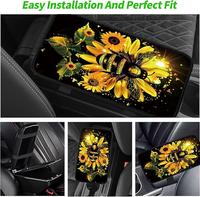 Car Armrest Cover Pads Universal Fashion Cute Auto Center Console Armrest Cover Pad with 2PCS Car Coasters Soft Waterproof Seat Protector for Women, Sunflower Bee