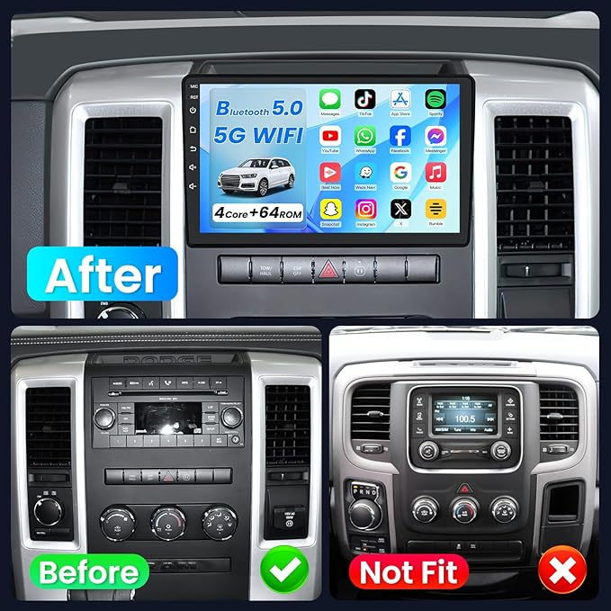 4Core 64ROM Car Radio for Dodge RAM 1500 2500 3500 2009-2012:Upgrade for Ram GPS SWC Bluetooth 5.0 10.2 Inch IPS Touchscreen Back-Up Camera Wireless CarPlay & Android Auto