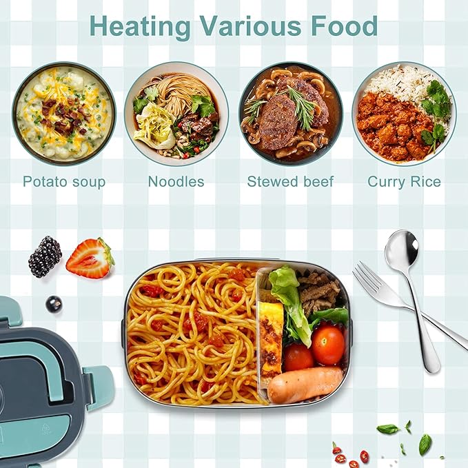 Electric Lunch Box Food Heater, 3 in 1 Ultra Quick Heated Lunch Boxes for Adults, 12V/24V/110V Portable Food Warmer for Car/Truck/Office With Fork Spoon and Insulated Carry Bag