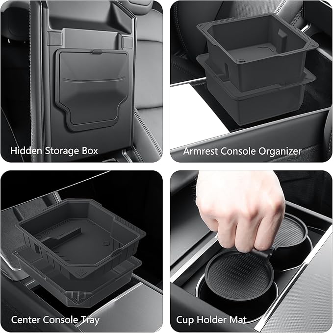 Center Console Organizer Tray for Tesla Model Y Juniper Accessories 2025 2026/For Tesla Model 3 Highland Accessories 2024 2025 2026, Hidden Storage Box, Cup Holder Armrest Drawer Organizer, 4PCS Black