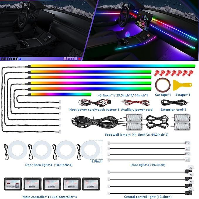 Dreamcolor Acrylic Interior Car LED Strip Light with Wireless APP, RGB 22 in 1 with 175 inches 600 LEDs Fiber Optic Car Ambient Lighting Kits, Music Sync Function Neon LED Strip for Car Accessories