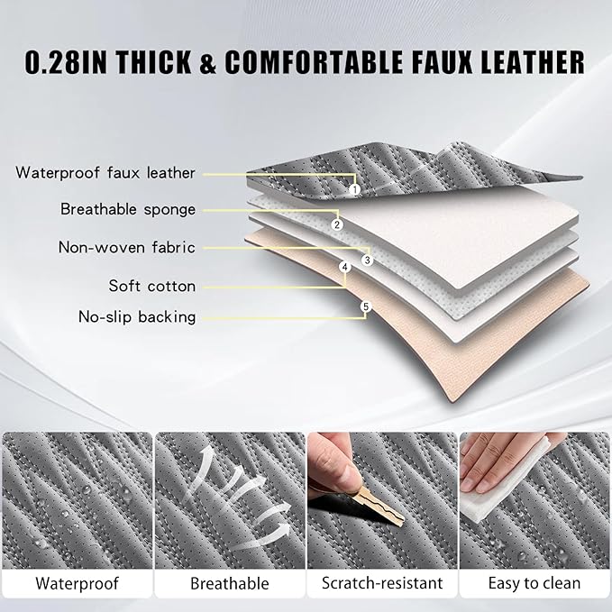 WELLDO Car Seat Covers Full Set, Leather Seat Covers for Car, Waterproof Car Seat Protector with Lumbar Support, Automotive Seat Covers Universal Fit for Most Cars SUV Truck,Gray,w02.