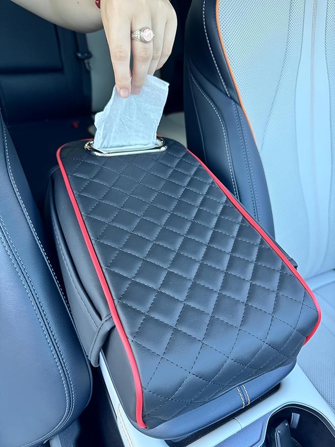 Upgraded Multi-Functional Car Center Console Cover, PU Leather Armrest Pad Cushion with Memory Foam Cushion, 2 Storage Pockets, Tissue Box Hole for Sedan Vehicles, 7 Colors (Black-Red Line)