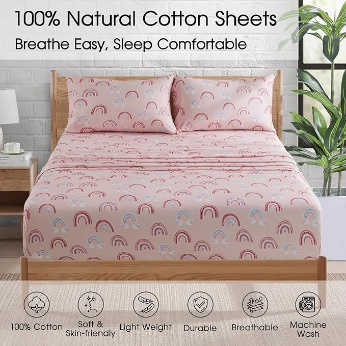 Ivellow Full Sheets Set Kids 100% Natural Cotton Sheets Soft Breathable Percale Bed Sheets 16" Deep Pocket Cute Kawaii Rainbow Patterned Sheets for Girls Toddler Teen Kids Full Bedding Dorm Essentials