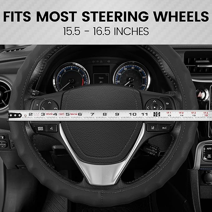 BDK Genuine Black Leather Steering Wheel Cover for Car, Large 15.5-16 inch – Ergonomic Comfort Grip for Men & Women, Car Steering Wheel Cover for Vehicles with Large Steering Wheels