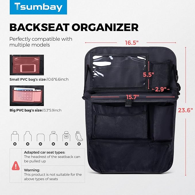 Tsumbay Backseat Car Organizer with Foldable Tray, 9 Pockets, Kick Mat Seat Protector, 18KG Capacity, Waterproof Oxford Fabric for Kids, Family Travel - for Car, SUV, Van (Oxford-2Pck)