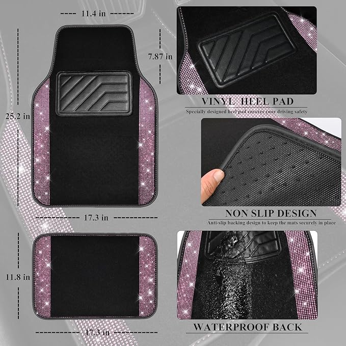 CAR PASS Bling Diamond Car Floor Mat Shining Rhinestones Carpet, Sparkly Glitter Crystal Anti-Slip PVC Heel Pad Automotive Universal Fit for SUV Sedan Car Van, 4pcs for Girl Cute Women, Black Pink