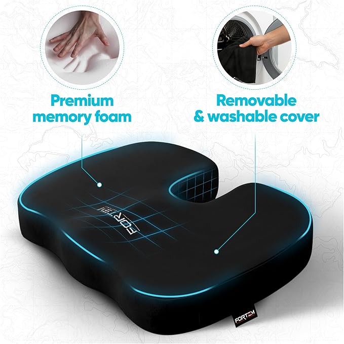 FORTEM Seat Cushion, Office Chair Cushion, Desk Chair Memory Foam, Sciatica Coccyx Tailbone Pain Relief, Pressure Relief, Sitting Pad, for Long Gaming & Sitting, Washable Cover, Non Slip, XL