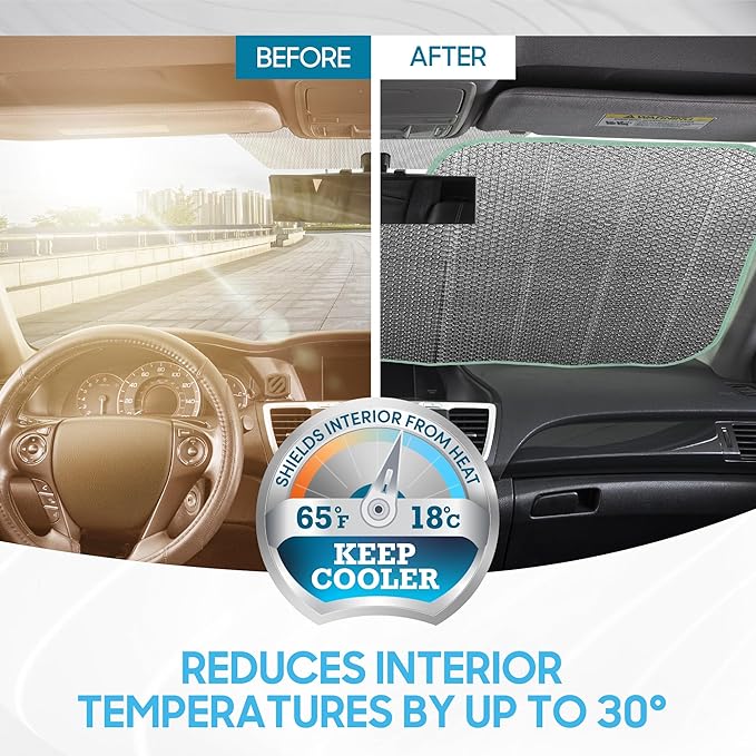 Iridescent Matte White Front Windshield Sunshade-Accordion Folding Auto Shade for Car Truck SUV-Blocks UV Rays Sun Visor Protector-Keeps Your Vehicle Cool- 58 x 27 in