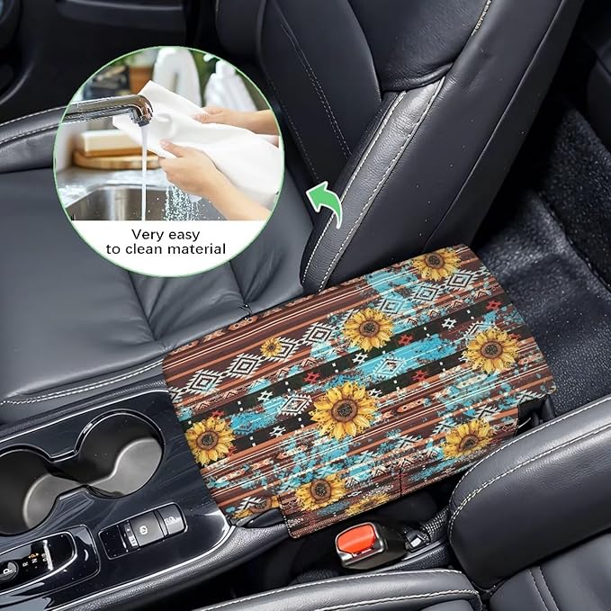 Wanyint Aztec Sunflower Brown Car Center Console Cover Soft Non-Slip Armrest Cover Lid for Car Side Storage Box with 4 Storage Bags Car Interior Decor Accessories for Women Men