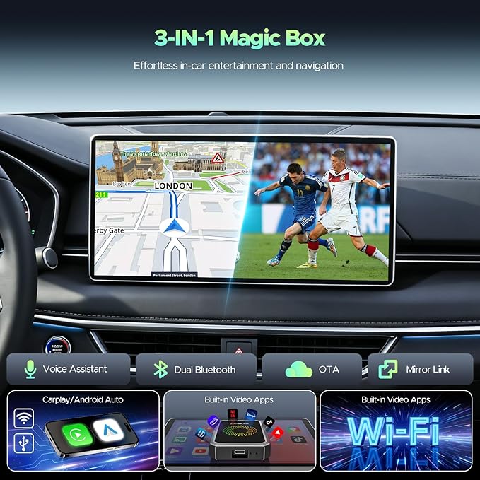 LAMTTO 3-in-1 Wireless Carplay Android Auto Adapter Built-in Net-Flix YouTube Tiktok Apps Magic Box Video Player with 5.8GHz WiFi USB Drive Convert Wired to Wireless for OEM CarPlay Cars (2016-2024)