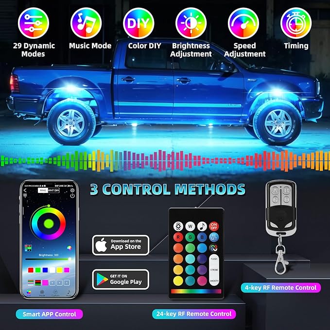 8 Pods Segmented RGB LED Rock Lights for Trucks Golf Cart Offroad Pickup SUV UTV, 12V Waterproof Underglow Lights Kit with APP/RF Multi Zone Control, Neon Multicolor Underbody Light with Brake
