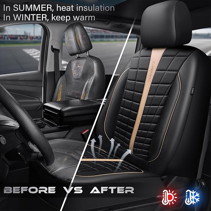 CAR PASS 3D Air Mesh Seat Covers for Car, Leather Car Seat Cover Front Seats, Breathable Foam Premium Leather Mesh Front Seat Covers Universal Fit for Cars Sedans Trucks Vans SUVs, Black Beige