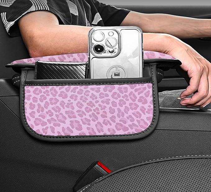 Dotesy Pink Cheetah Print Car Center Console Cover,Microfiber Leather Car Armrest Pad Cushion with 2 Storage Bags,Universal Car Armrest Storage Box Car Interior Accessories for Most Vehicles