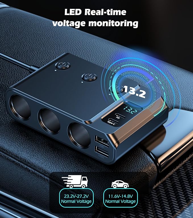 9 in 1 Cigarette Lighter Splitter, USB C Car Charger Adapter with PD30W, 3 Sockets with Independent Switches, LED Voltmeter 12V Power Outlet TSNAM